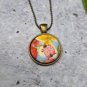 New Handmade Upcycled Floral Lady Bug Button Necklace